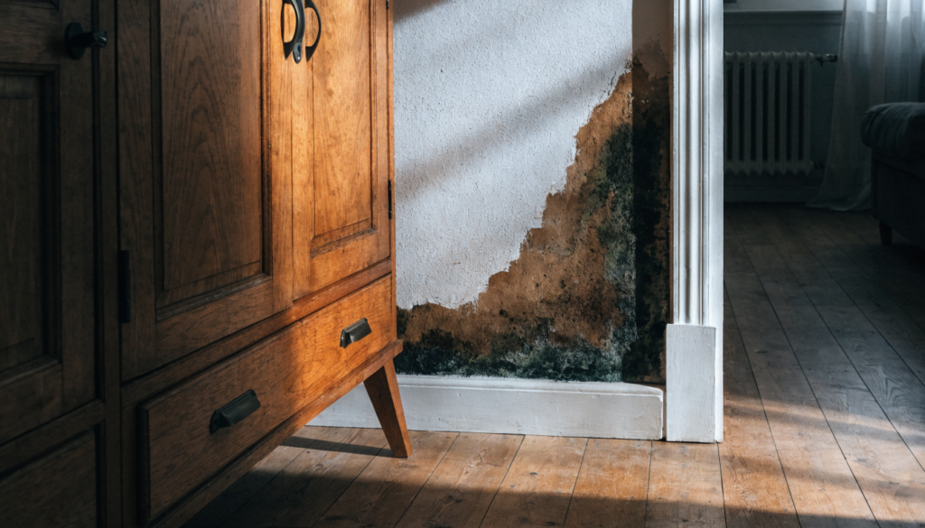 Mancha de infiltracao escondida atras de movel em apartamento